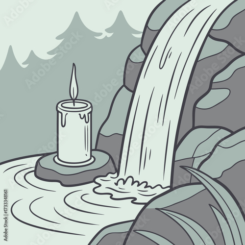 A single lit candle stands on a rock in a calm pool of water next to a flowing waterfall in a serene forest setting with pine trees in the background