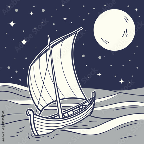 A solitary ancient sailing vessel glides across the dark ocean waves under a vast starry night sky illuminated by a large bright full moon