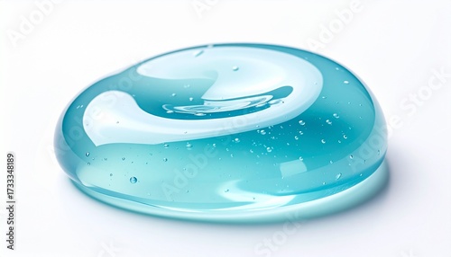 A macro photograph of a transparent, light blue dollop of gel with small air bubbles, isolated on a white background.