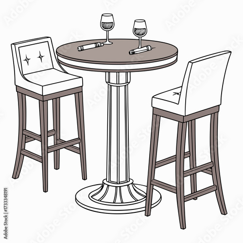 A sophisticated illustration of a round high top table with two plush bar stools two glasses of wine and two cigars perfect for a lounge or bar setting