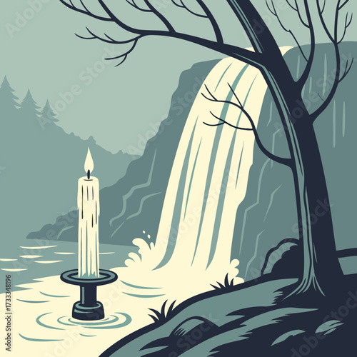 A solitary lit candle stands in the water near a cascading waterfall and a bare tree in a serene natural landscape