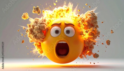 Shocked emoji surrounded by an explosive burst of orange flames and brown debris