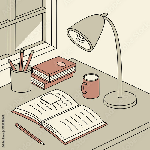 Cozy desk setup with an open book stack of books pencils in a holder a mug and a desk lamp casting light near a window