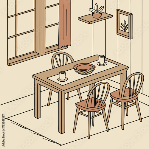 Cozy dining room scene with a wooden table and chairs a window with a curtain a rug and a plant on a shelf