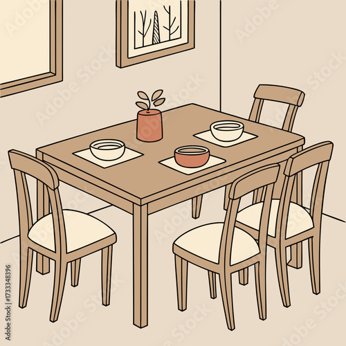 Cozy dining room scene with a wooden table set for four featuring placemats bowls and a small potted plant complemented by four wooden chairs and wall art