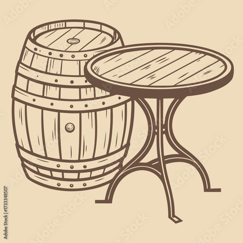 Vintage wooden barrel and round table with ornate legs in a rustic style illustration on a neutral background