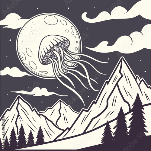 Surreal night sky landscape with a giant jellyfish floating in front of a large full moon above silhouetted mountains and pine trees under a starry sky with clouds