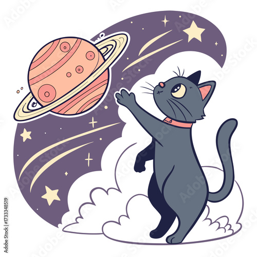 Whimsical cartoon gray cat reaching for the rings of a stylized planet saturn in a starry purple sky with clouds and shooting stars