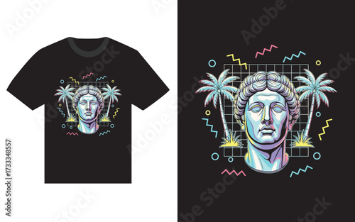 Vaporwave Statue Head T shirt Design with Palm Trees and Geometric Shapes