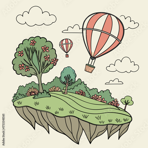 Whimsical floating island paradise with lush green hills adorned with blooming flowers and trees under a sky with fluffy clouds and colorful hot air balloons drifting peacefully