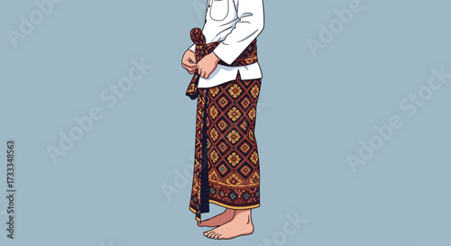 Vector illustration of a man standing barefoot in a traditional patterned sarong, a beautiful representation of Southeast Asian culture and heritage