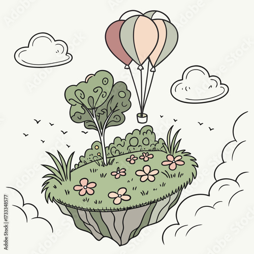 Whimsical illustration of a floating island with a tree flowers and a hot air balloon ascending into a sky with clouds and birds