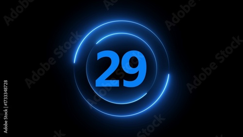 Blue Neon Circle With Number 29 On Black Background twenty nine count