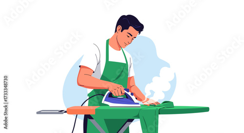 Laundry Day A Young Man Carefully Ironing Clothes with an Ironing Board in a Bright Vector Illustration