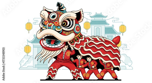 Vibrant Lunar New Year Lion Dance Celebration of Tradition and Prosperity in Festive Harmony, an Icon of Cultural Richness