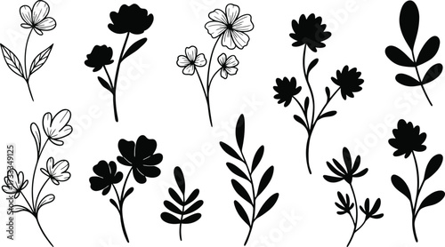 Wildflower and Leaf Silhouette Clipart Set – Hand Drawn Botanical Stems and Floral Sprigs, Black and Outline Minimal Doodles for Wedding Card Craft Packaging and Branding, Vector Collection