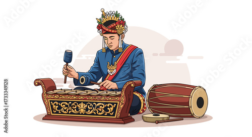 Traditional Music Performance, Musician, Cultural Setting, Illustration, Artistic Atmosphere, Close-Up, Heritage