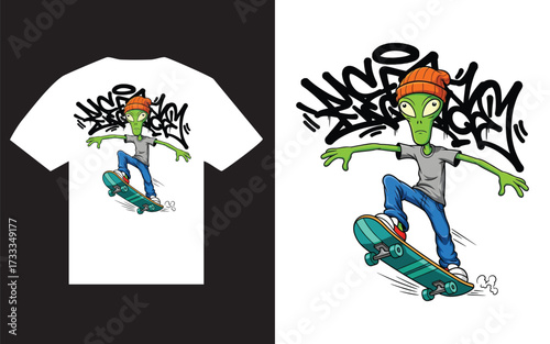 Alien Skateboarder T Shirt Design Featuring Cool Graffiti Art