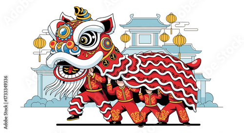 Cultural Celebration, Lion Dance Performers, Festive Street, Illustration, Colorful Environment, Dynamic View, Joyful Tradition