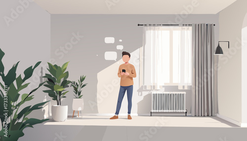 Minimalist Room: Man on Phone, Plants, Sunlight