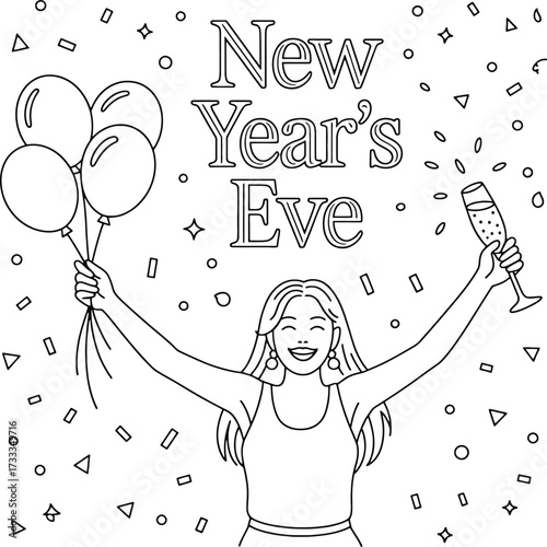 New Year's Eve celebration with balloons champagne and confetti line art new years eve party