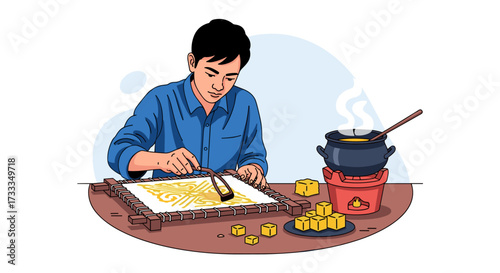 Young Man Crafting Delicious Treats in a Cozy Kitchen Environment with Illustrative Art Style