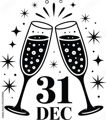 New Year's Eve Celebration with Champagne Glasses and Stars Keywords: new year's eve, celebration, champagne, glasses, toast, clinking, 31 dec