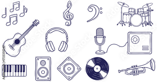Dynamic music instruments doodle collection for creative projects and musical themes