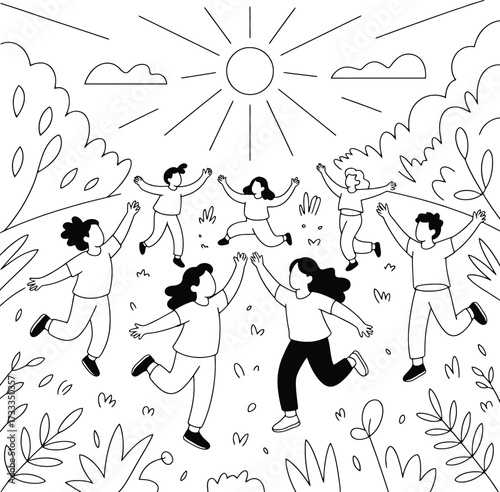 Outline illustration of people celebrating outdoors under the sun group friends