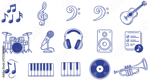 Music doodles set for creative projects, musical instruments and notes collection