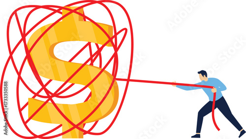 Businessman trying to untie the rope that is entangled with the dollar

