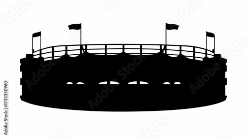 Dynamic stadium silhouette with waving flags, perfect for sports branding, event promotion, and team spirit designs with a bold, modern, and minimalist aesthetic