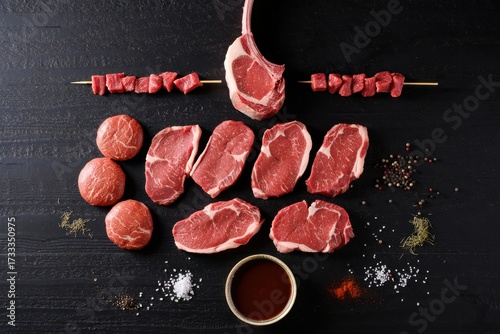 Overhead shot of assorted raw beef cuts, including steaks, ground meat, and skewers, arranged on a dark surface with spices and dipping sauce