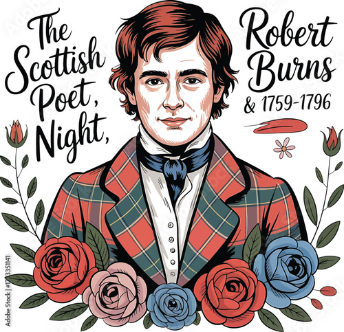 Robert Burns the Scottish Poet with roses and thistles on white background Keywords: Robert Burns, Scottish poet, Scotland, literature, writer, author