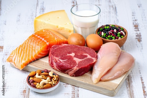 A variety of proteinrich foods including salmon, beef, chicken, eggs, cheese, milk, beans, and nuts are arranged on a wooden cutting board