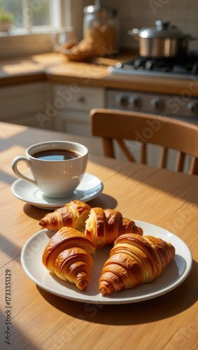 A cup of coffee and croissants on a wooden table in a sunlit kitchen, creating a cozy and inviting breakfast scene in the morning