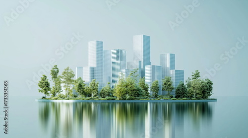3D rendering of a modern city with green trees and buildings on a light blue background, an eco-friendly environment concept. 