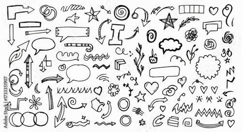 Collection of hand drawn black doodles arrows stars hearts speech bubbles and swirls