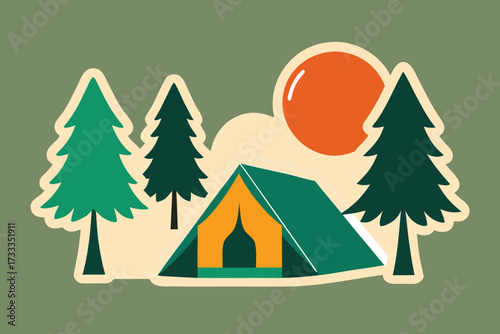 Camping Illustrated Tent Between Green Trees With Orange Sun, On Earth Tone Background