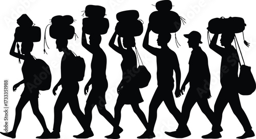 Silhouette of People Carrying Luggage on Heads and Shoulders Walking vector illustration
