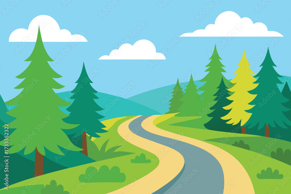 Fototapeta premium Cartoon Landscape Winding Road Through Green Forest with Blue Sky and Clouds