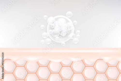 Hyaluronic acid and Niacinamide hair and skin solutions ad, white collagen serum drops into skin cell with cosmetic advertising background ready to use, illustration vector.	