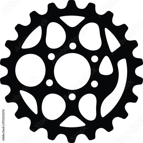 A detailed black and white illustration of a sprocket with circular cutouts and jagged outer edges silhouette