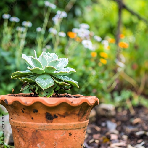 Succulent in terracotta pot, garden setting