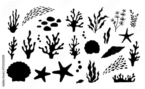 Silhouette of large school of fish, seaweed and coral. Vector illustrations set isolated on white background. Underwater grass, ocean plant icon