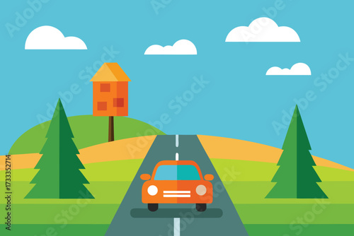 Cartoon Orange Car on Road with Trees, House, Clouds, and Blue Sky Background