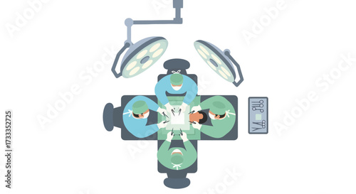 Surgical Team Performing Operation in Operating Room, Illustrative Overhead View for Medical Education, Healthcare, and Surgical Procedure Visualizations