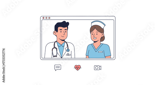 Online Healthcare Consultation Featuring a Doctor and Nurse on a Digital Screen for Telemedicine and Remote Patient Care Services