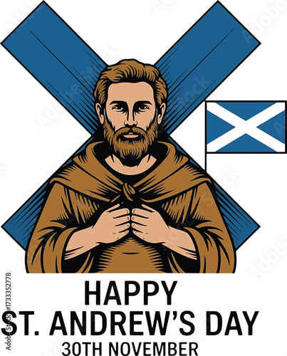 St Andrew's Day illustration with Scottish flag and monk Keywords: st andrew's day, scotland, scottish, flag, saint andrew, patron saint, november