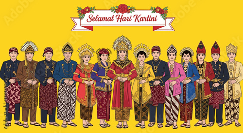 Cultural Celebration, Traditional Attire, Artistic Display, Illustration, Festive Background, Front View, Heritage Appreciation - Selamat Hari Kartini